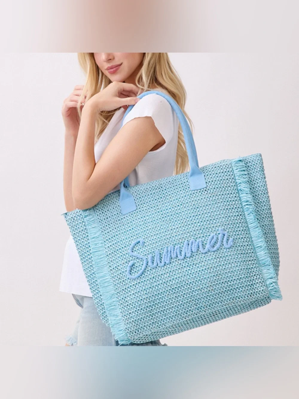 Blue Woven Straw Summer Script Embroidered Fringe Tote - Picture 1 of 3